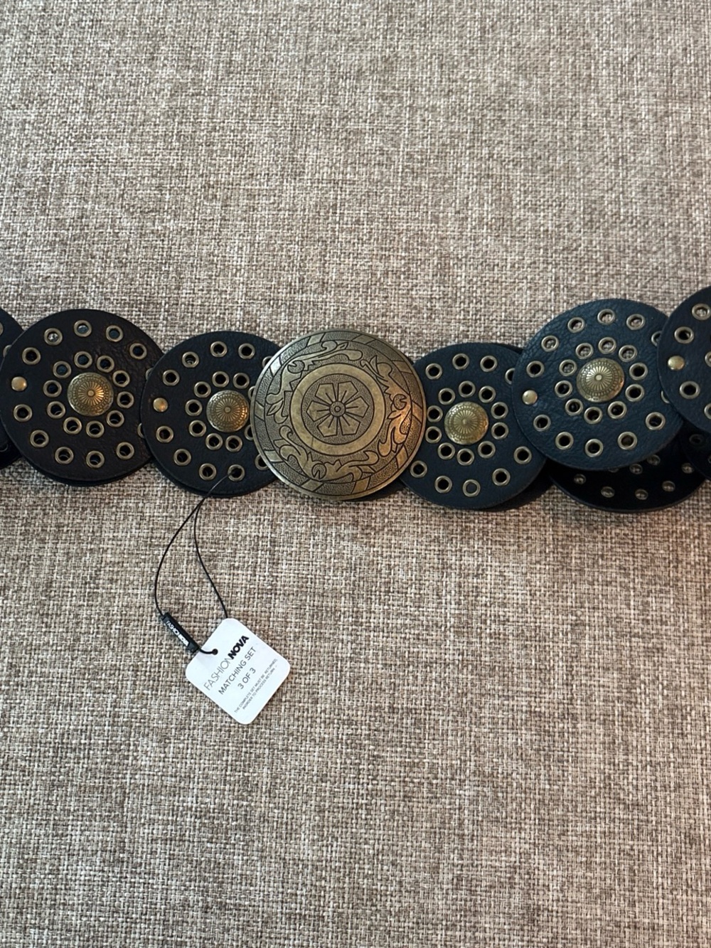 Fashion Nova Black Leather Medallion Belt with Antique Gold Accents
